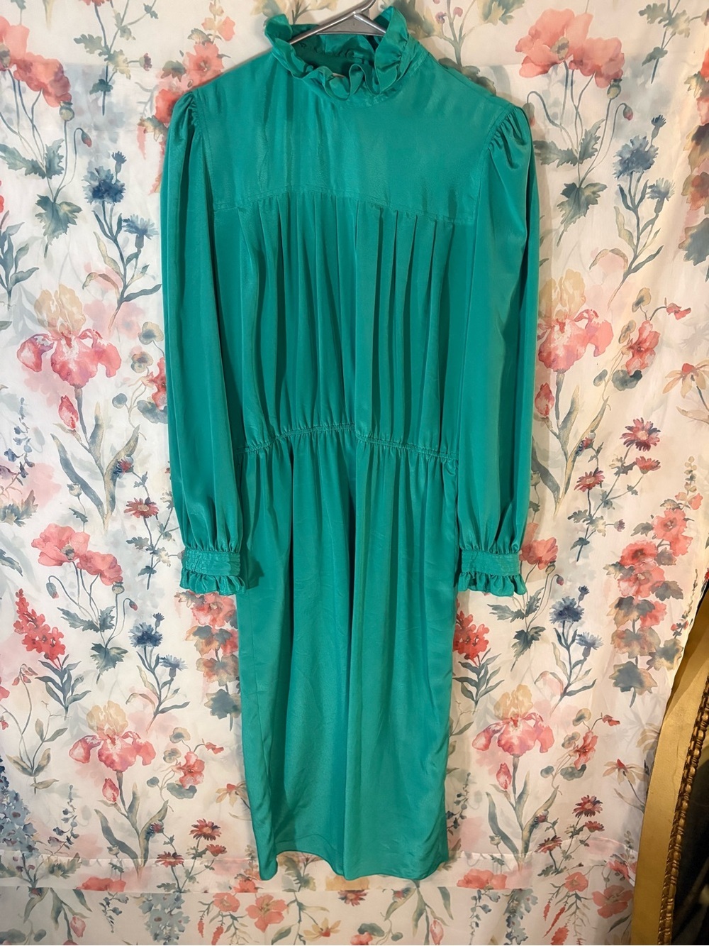 Vintage Women's Teal Long Sleeve Ruffle-Trim Midi Dress